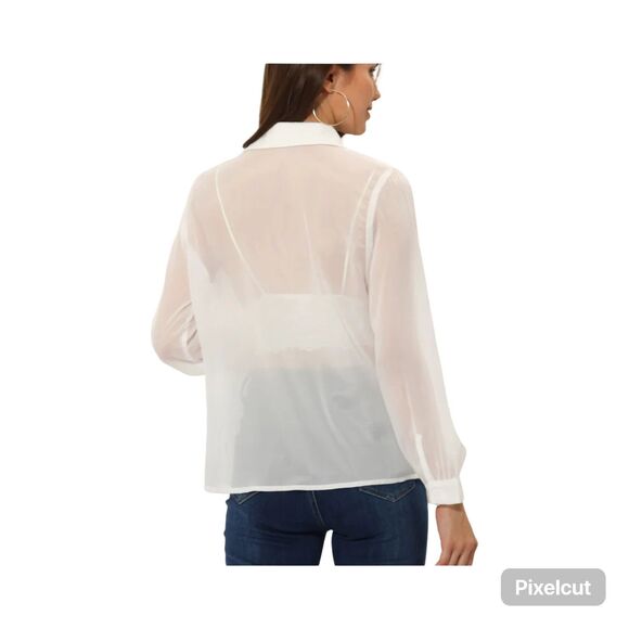 NWT Size XL Allegra K Sheer Button Up See Through Long Sleeve Top - Picture 2 of 11
